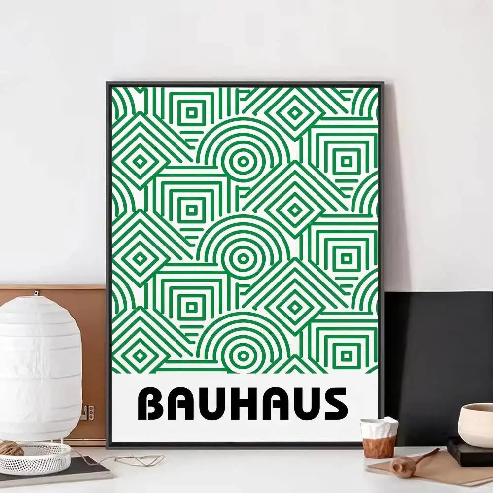Bauhaus-inspired canvas print with repeating green geometric line patterns and bold Bauhaus text.