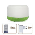 White and green ultrasonic humidifier with remote control and round plug illustrations on a white background