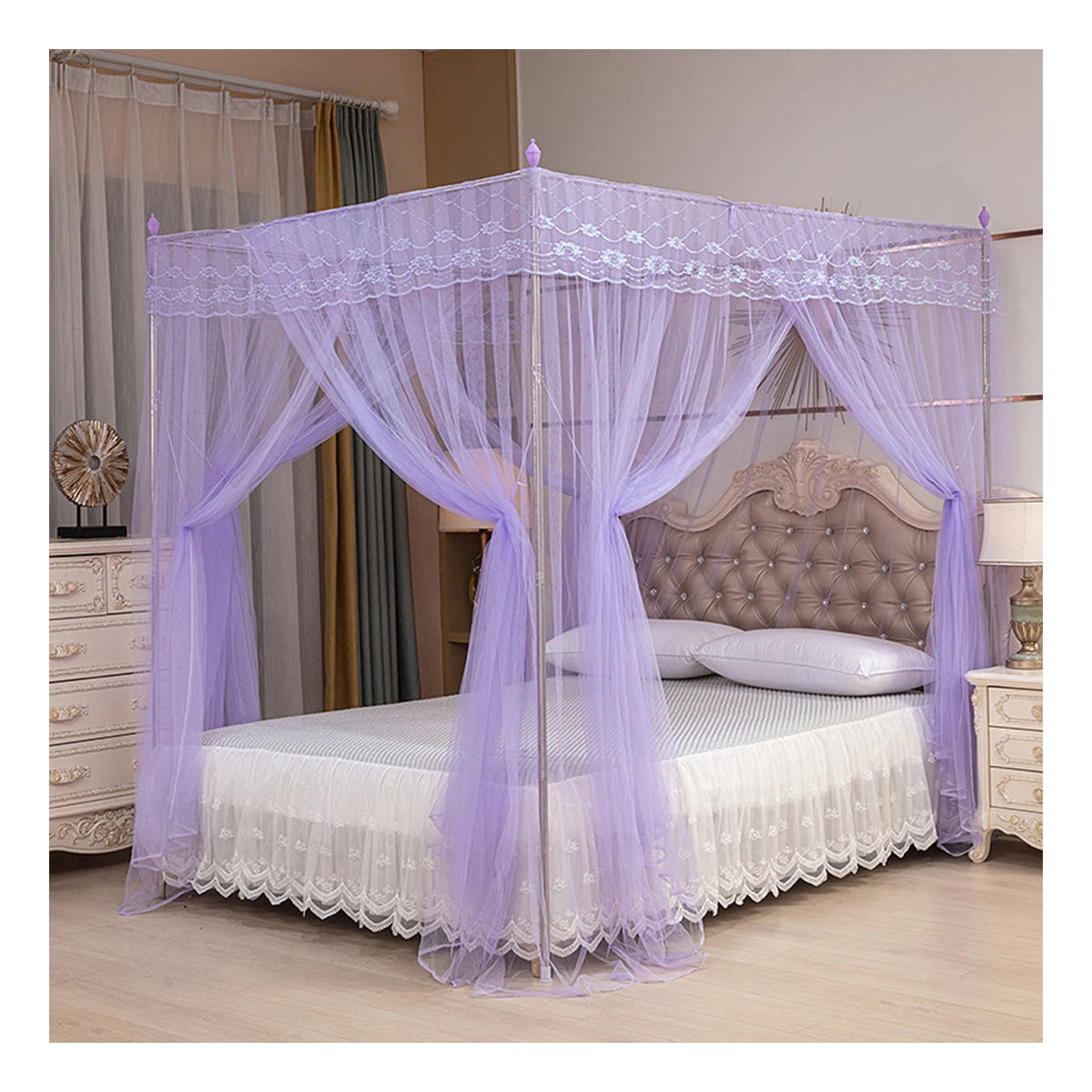 Purple four-poster lace canopy mosquito net draped over a bed