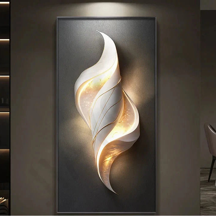 White sculptural LED wall art with flame-like swirl and glowing gold interior detail on a brown textured background