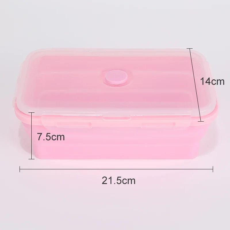 1200ml Pink Rectangular: Pink rectangular collapsible silicone food container with clear leakproof lid