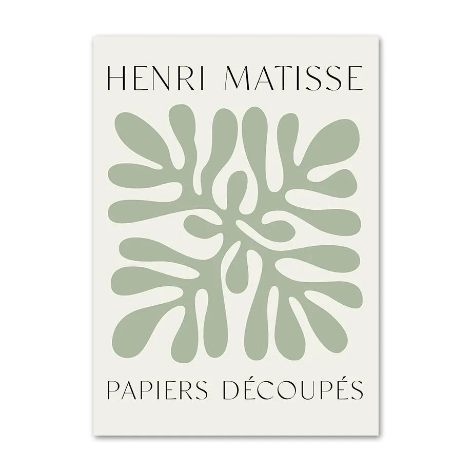 Henri Matisse-style canvas print with pale green botanical cutout design and poster typography.