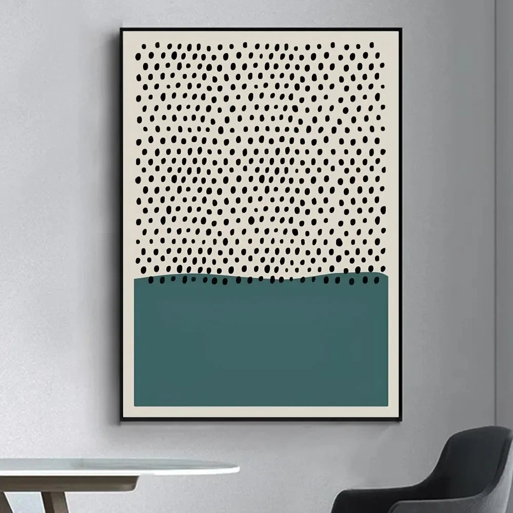 Abstract dotted wall art print with black dot pattern and deep teal lower block
