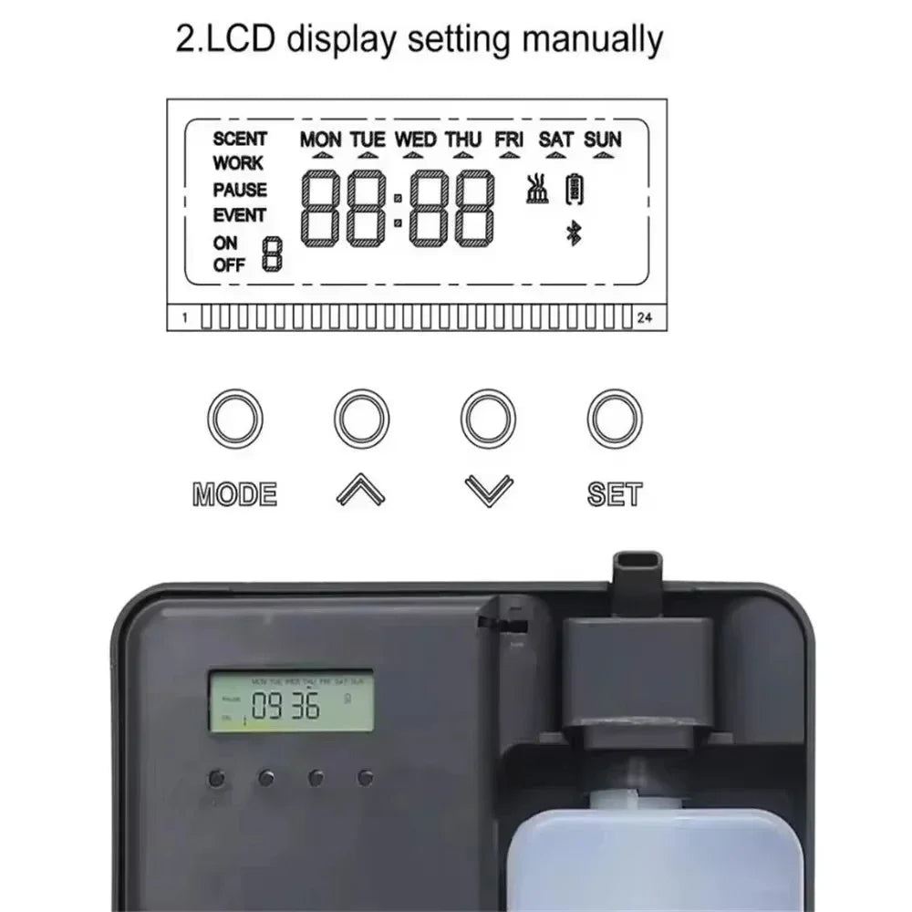 Digital display and control panel of an aromatherapy device with text '2. LCD display setting manually.