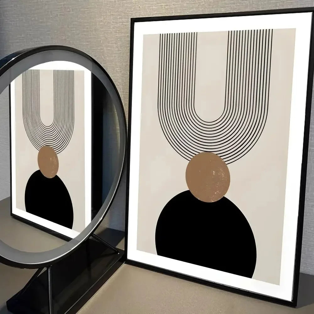Abstract canvas with layered arch lines above a black semi-circle and a textured taupe circle