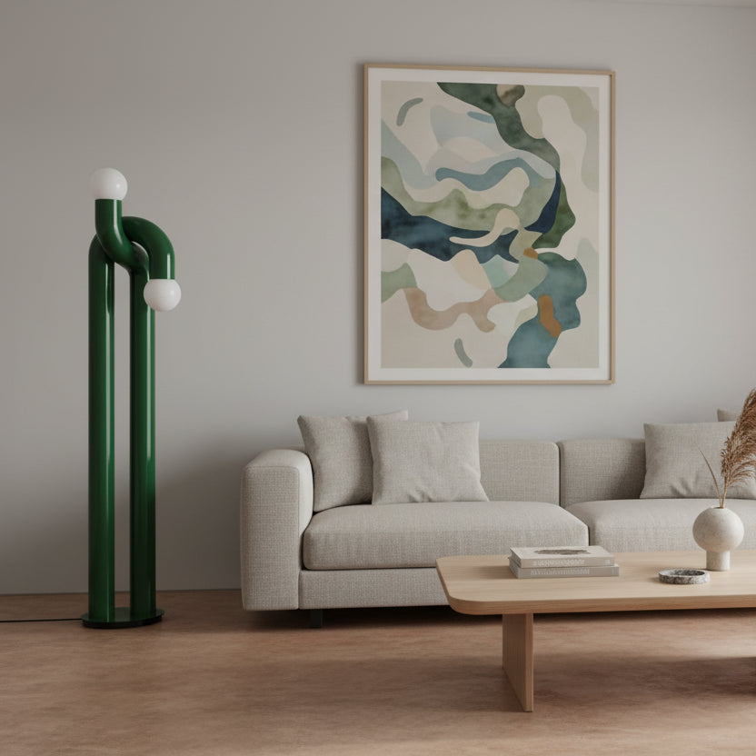 Green sculptural floor light fixture with glass globe shades, 158cm