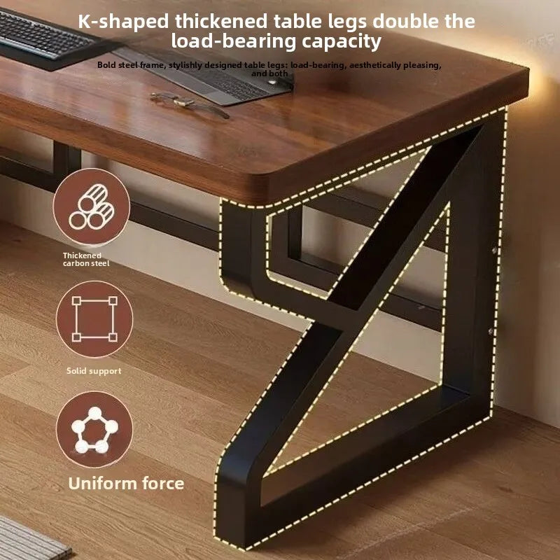 Wooden desk with K-shaped thickened table legs, featuring text and icons about load-bearing capacity.