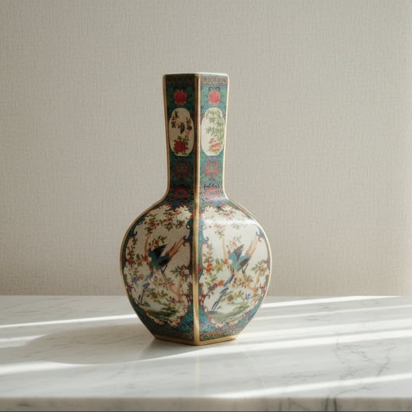 Decorative vase with floral patterns held indoors