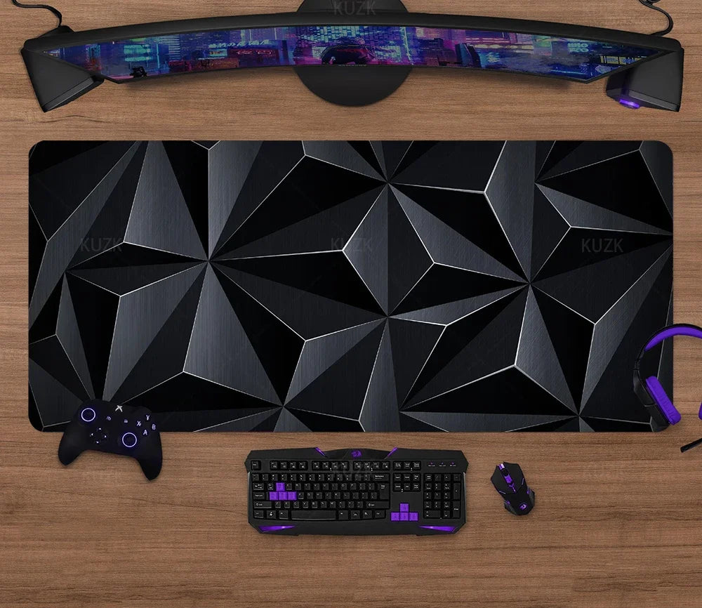 Large gaming desk mat with grey polygon geometric design