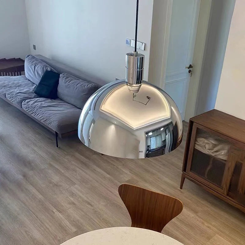 Polished chrome dome pendant light with adjustable metal arm