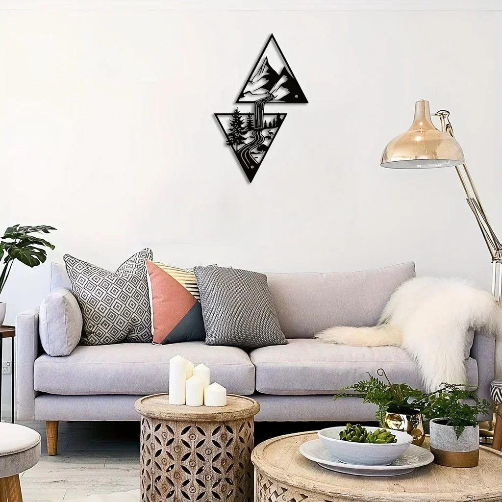 (Mountain &amp; Waterfall): Black metal wall art with a mountain and waterfall scene in stacked triangle shapes, 15 × 24 cm