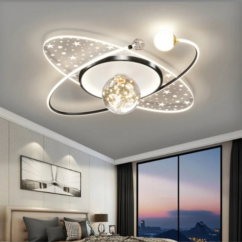 Black elliptical planet LED ceiling light with star panels and crystal detail, 60×60cm