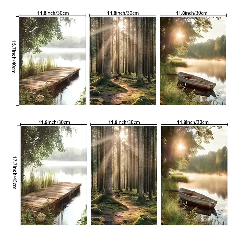 Set of six scenic nature prints with wooden dock, forest, and lake scenes.