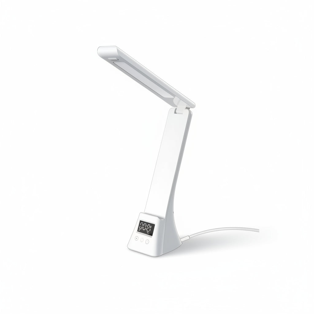 White LED desk lamp with dimensions and features on a white background