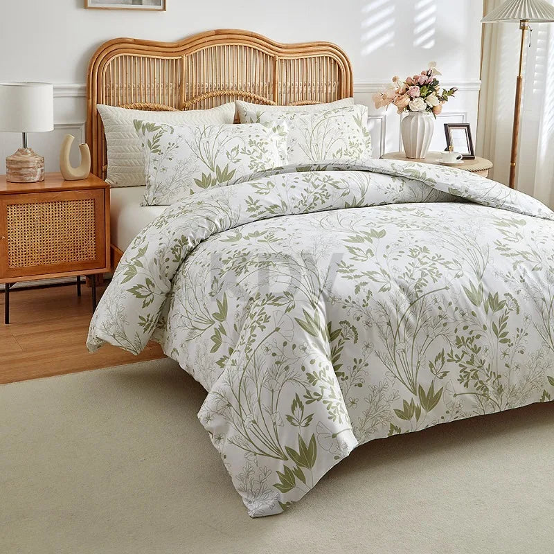 White duvet cover set with soft olive botanical floral pattern and matching pillowcases