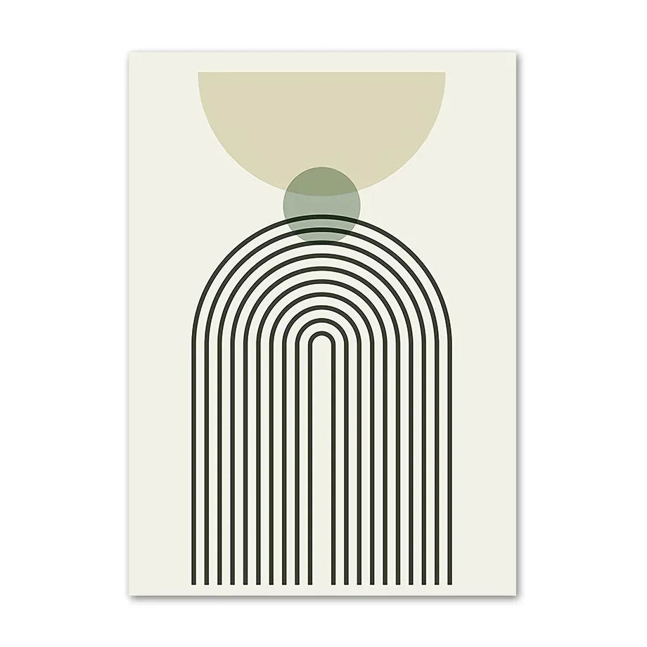 Minimal abstract canvas print with black arch lines, green circle, and beige half-circle detail.