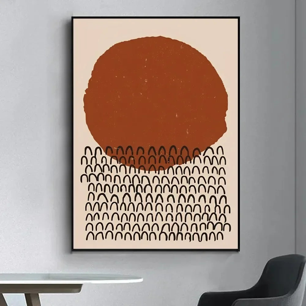 Abstract cotton canvas print with a large terracotta circle and black arch pattern on a neutral background