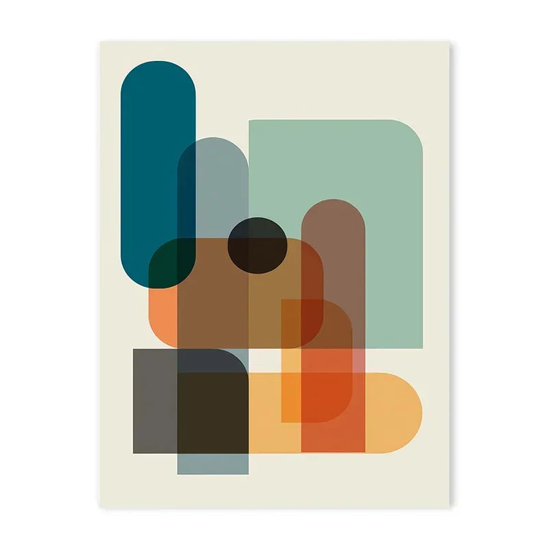 Abstract art print with geometric shapes in various colors on a beige background