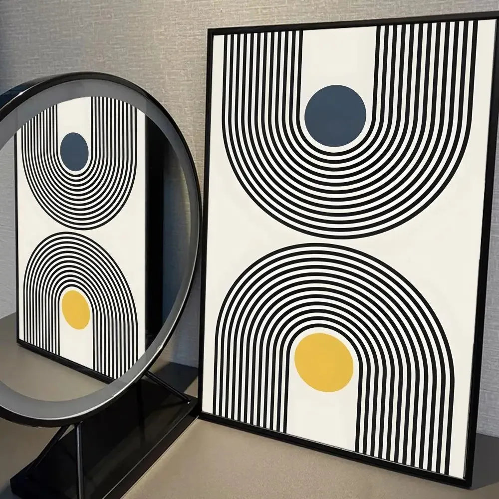 Minimalist line art canvas with dual concentric arches and ochre and charcoal circles