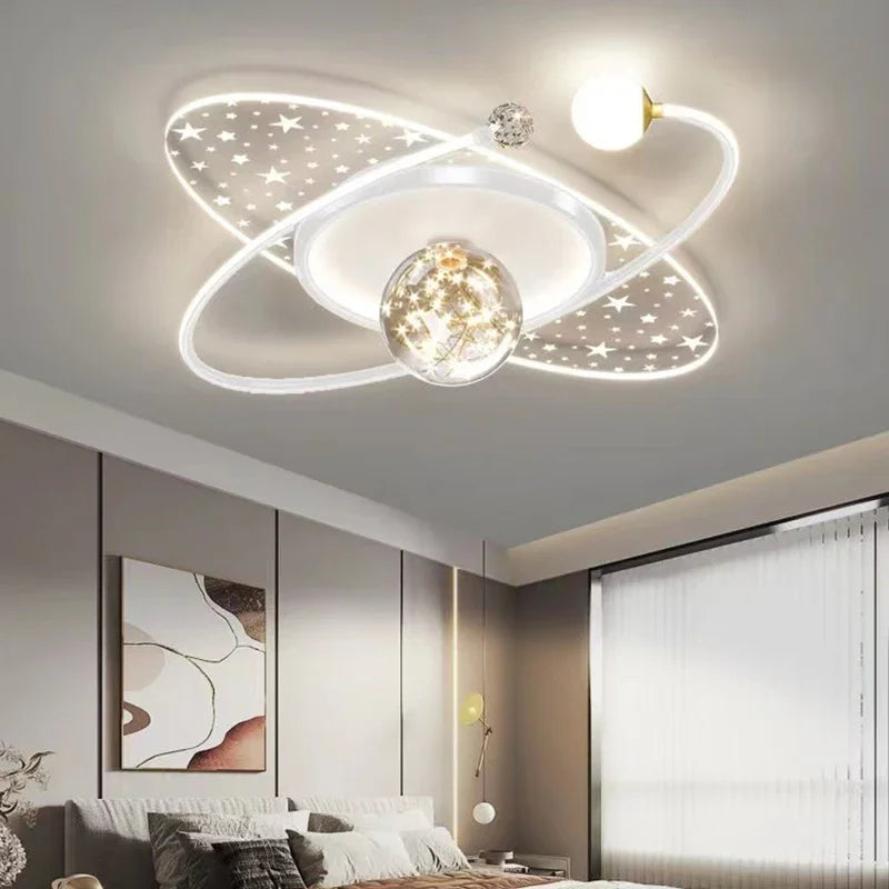 White elliptical planet LED ceiling light with star-cut acrylic panels and crystal accent, 60×60cm