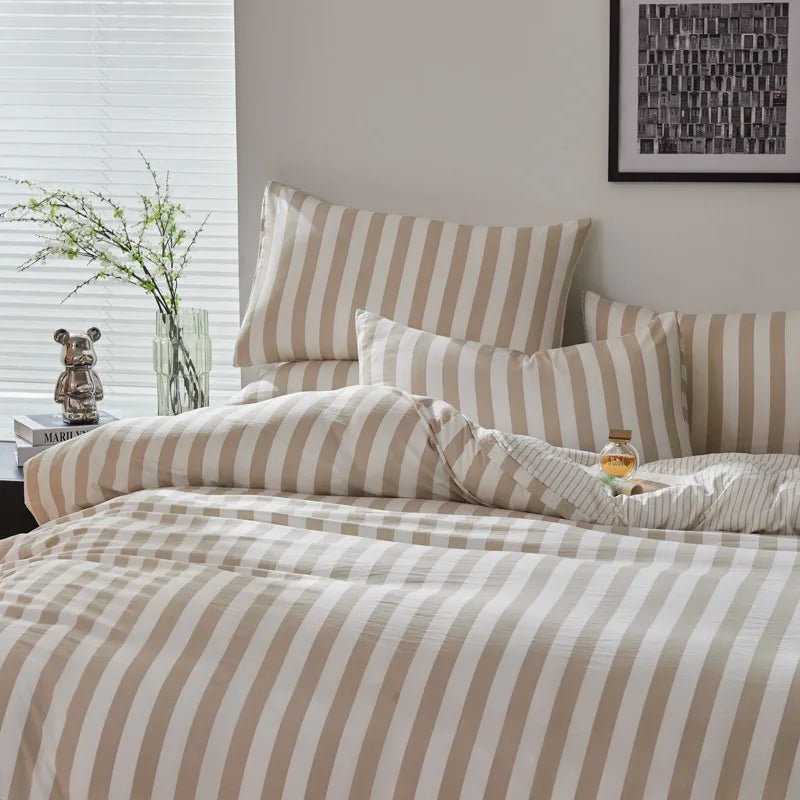 Sand beige and white striped duvet cover set with flat sheet and pillowcases