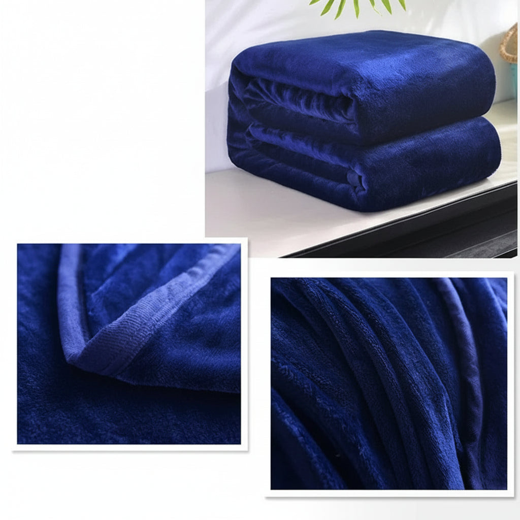 Blue blanket shown in various settings with close-up details.