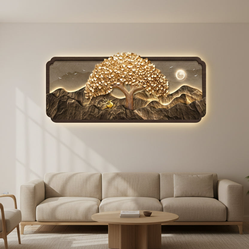 3D LED framed wall light with large golden tree, glowing moon and deer in a rocky mountain scene — with and without backlight