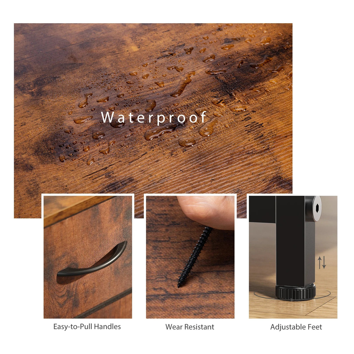 Wooden surface with water droplets labeled 'Waterproof', close-up of handle labeled 'Easy-to-Pull Handles', screw labeled 'Wear Resistant', and adjustable feet labeled 'Adjustable Feet'.