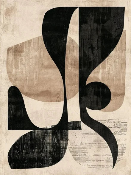 Abstract art piece with black and brown shapes on a textured beige background