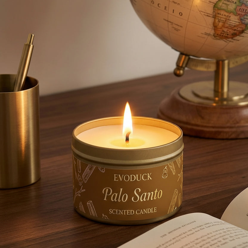 Palo Santo scented candle on a wooden surface with text about sacred Peruvian consecrated wood ritual.