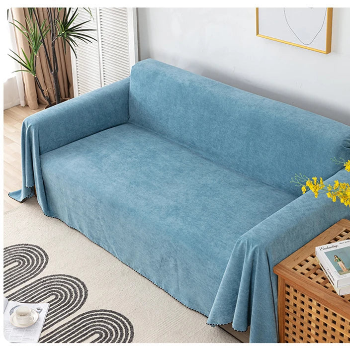 Light blue sofa cover on a sofa with a room setting and close-up of the fabric.