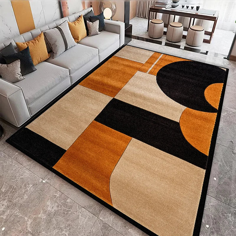 Orange, beige, and black geometric rug with Bauhaus-inspired semicircle design in a contemporary living room
