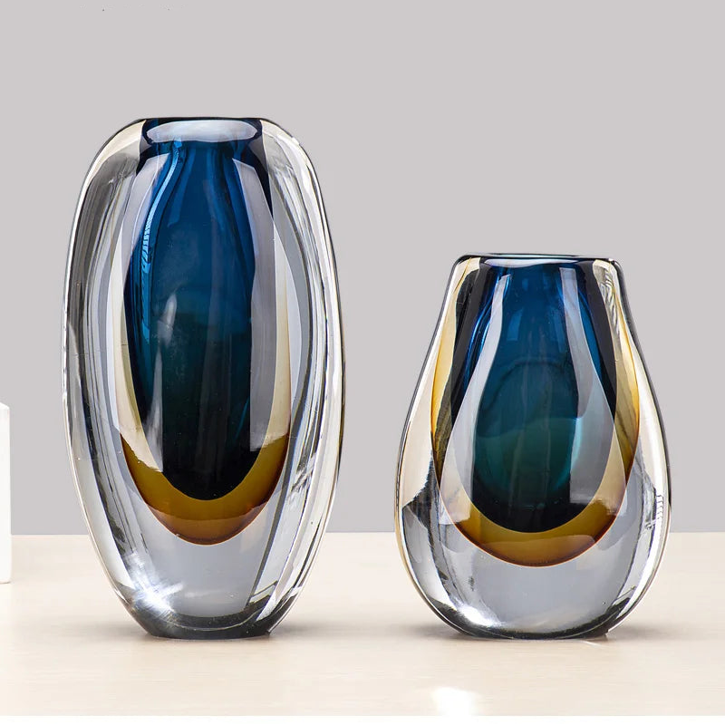 Modern Gradient Glass Decorative Vase – Sculptural Blue & Amber Glass Home Décor