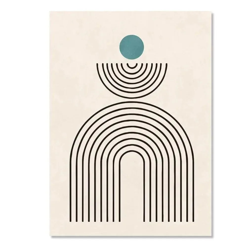 Abstract line canvas print with black arch shapes and a blue circle on a neutral background