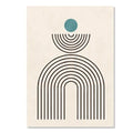 Abstract line canvas print with black arch shapes and a blue circle on a neutral background