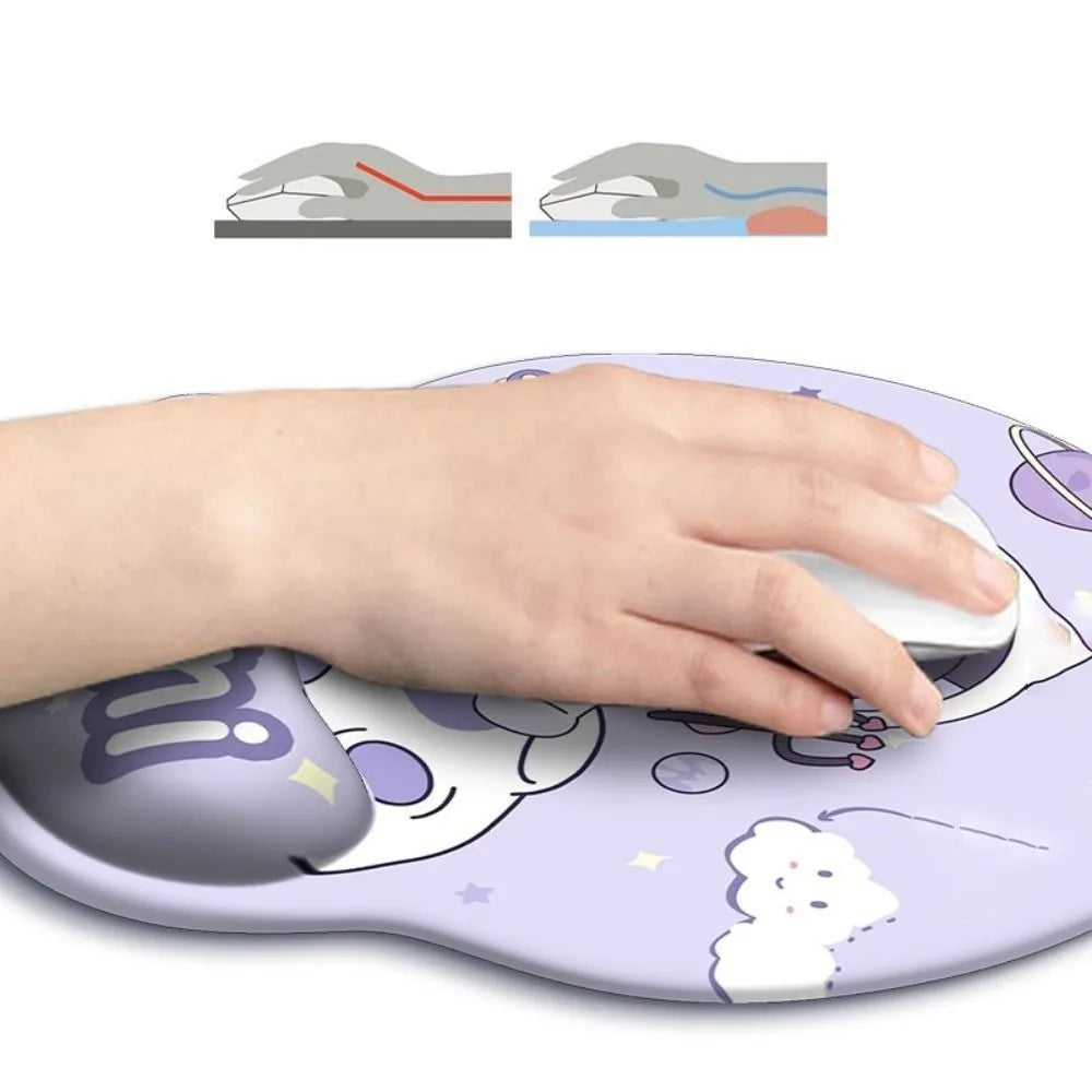 Hand using a white computer mouse on a purple cartoon-themed mouse pad with a white background.