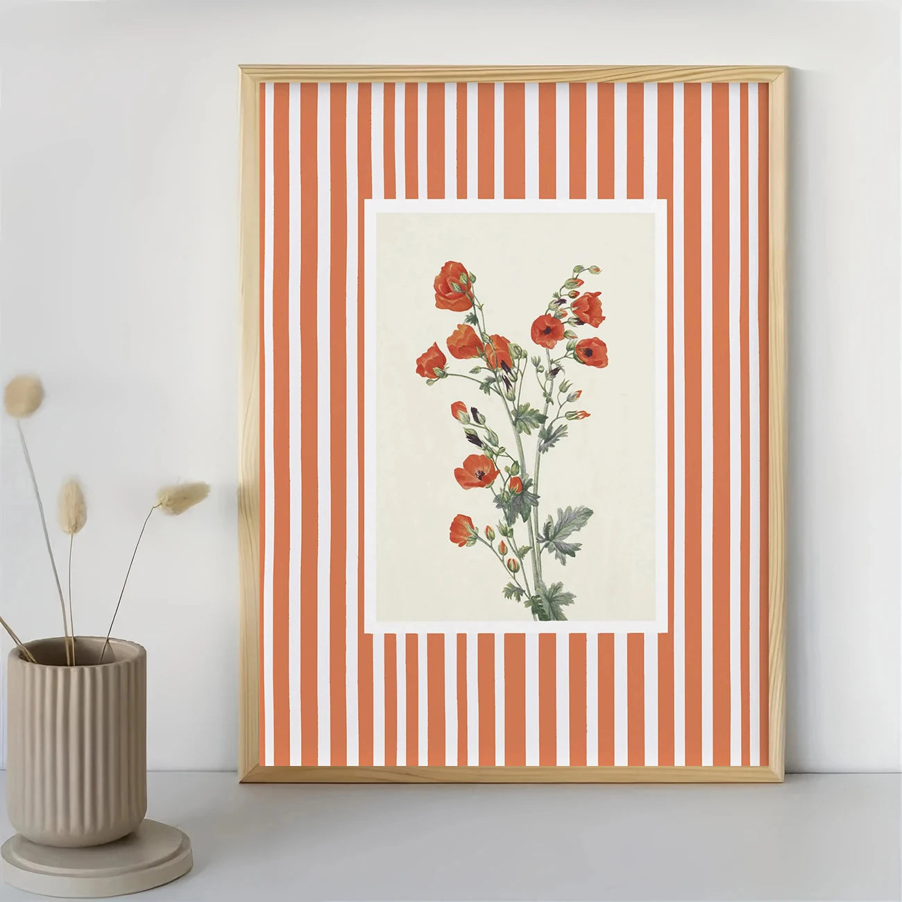 Red poppy floral print with terracotta striped border