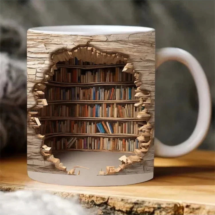 Mug with a design of a bookshelf on a wooden surface