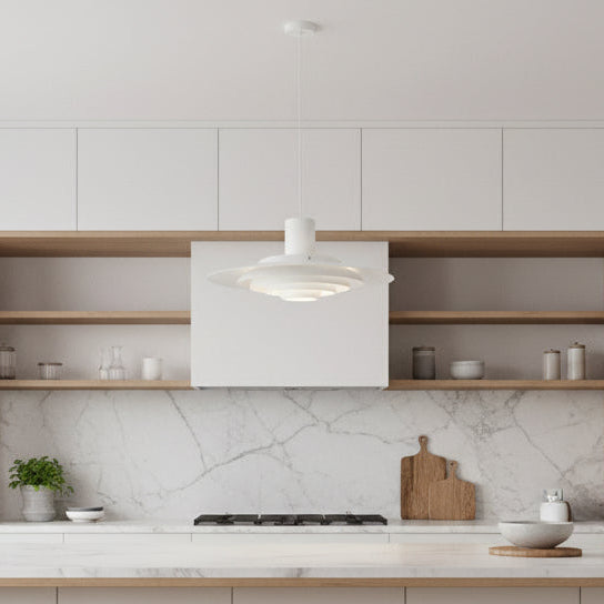 White aluminium pendant light with 38cm layered shade and adjustable 150cm cable