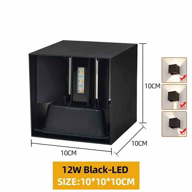 12W Black square LED wall light with dimensions 10x10x10cm.