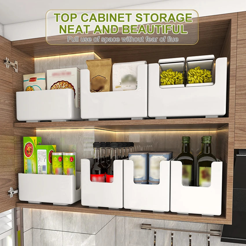 Kitchen cabinet with organized storage solutions and text 'Top Cabinet Storage Neat and Beautiful'.