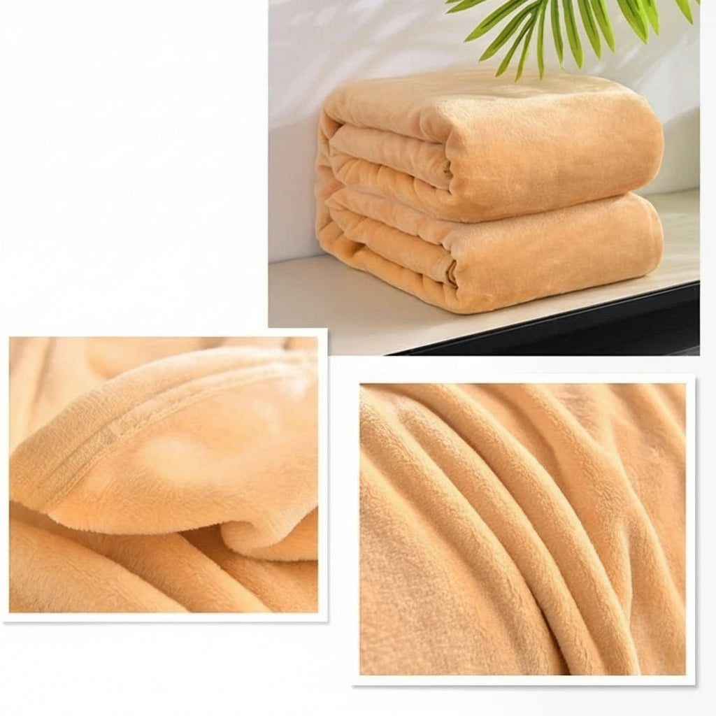 Folded beige blanket with close-up details on a white background