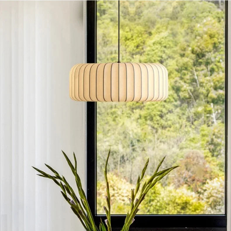 Wide drum Nordic LED pendant light with silk lampshade, D52 × H18cm