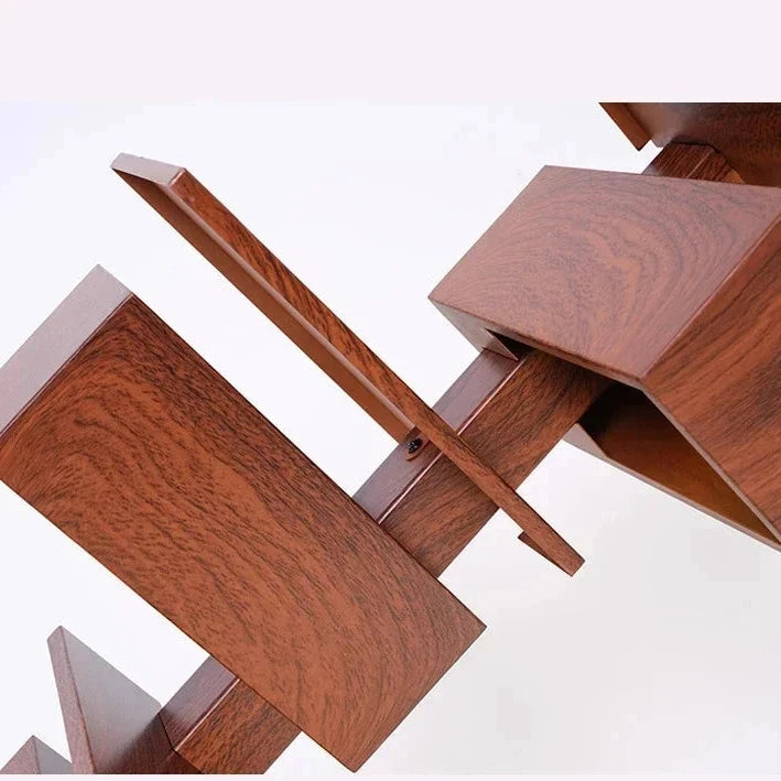 Detailed close-up of a rosewood grain geometric lamp showing stacked rectangular and flat elements