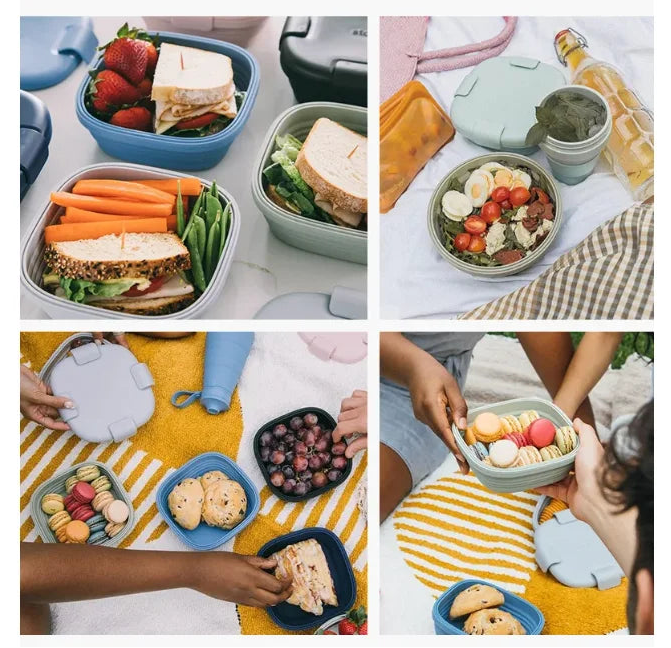 Collage of various lunch containers with food and people interacting with them.