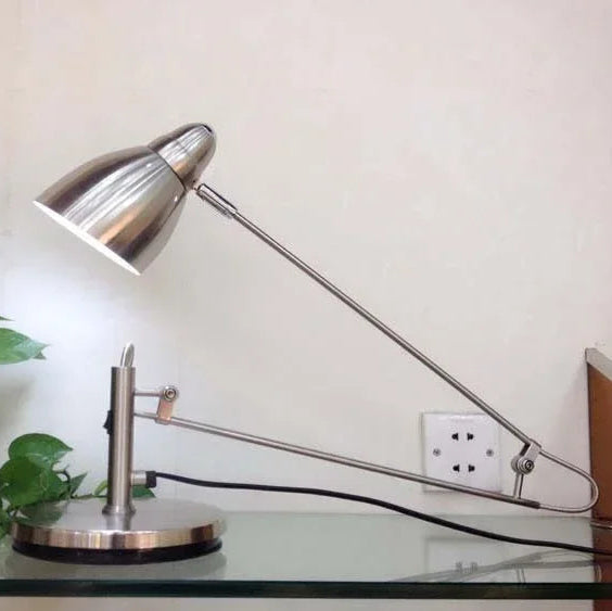 Adjustable aluminium desk lamp with long arm, brushed nickel finish, 80cm height, 70cm reach, 19cm base