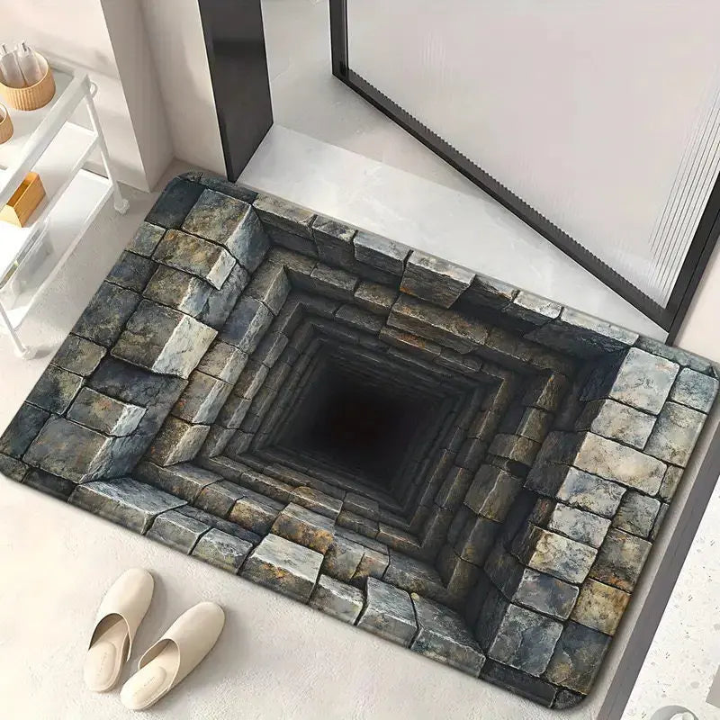 3D optical illusion floor mat with stepped stone well depth effect in cool grey tones