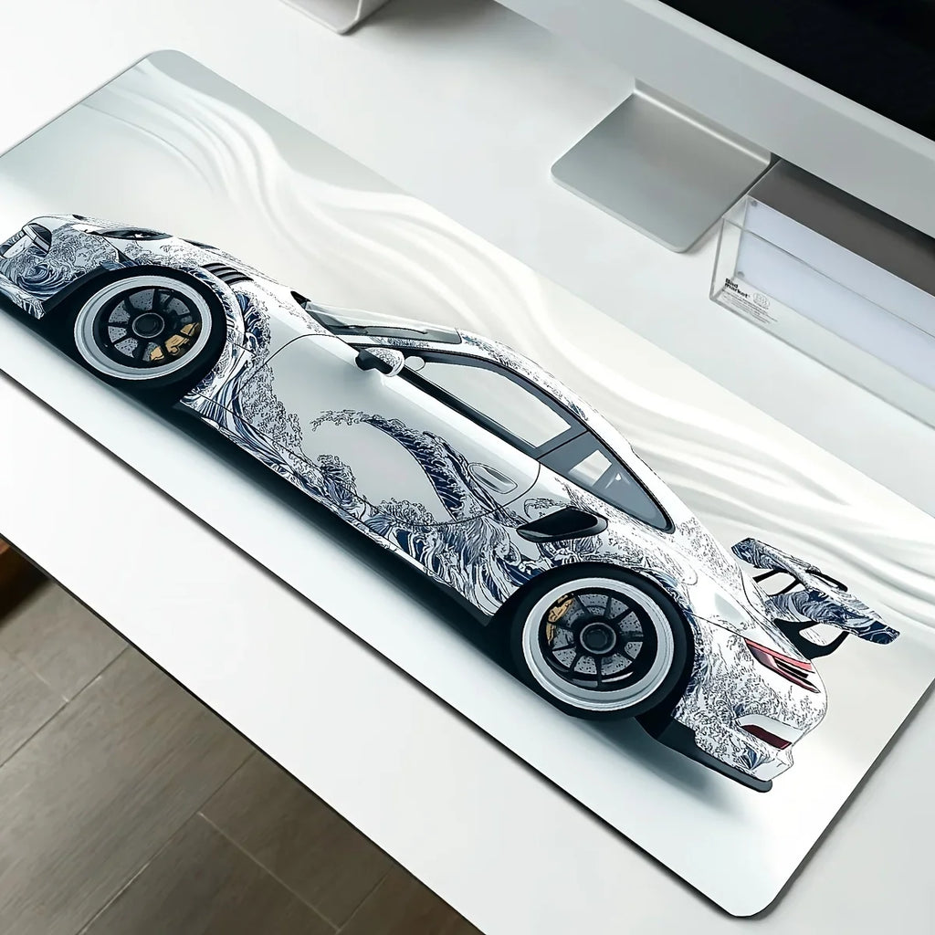 White sports car mouse pad with blue line art wave design and white background