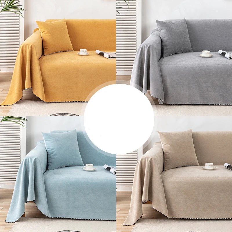 Four different-coloured sofa covers on sofas.