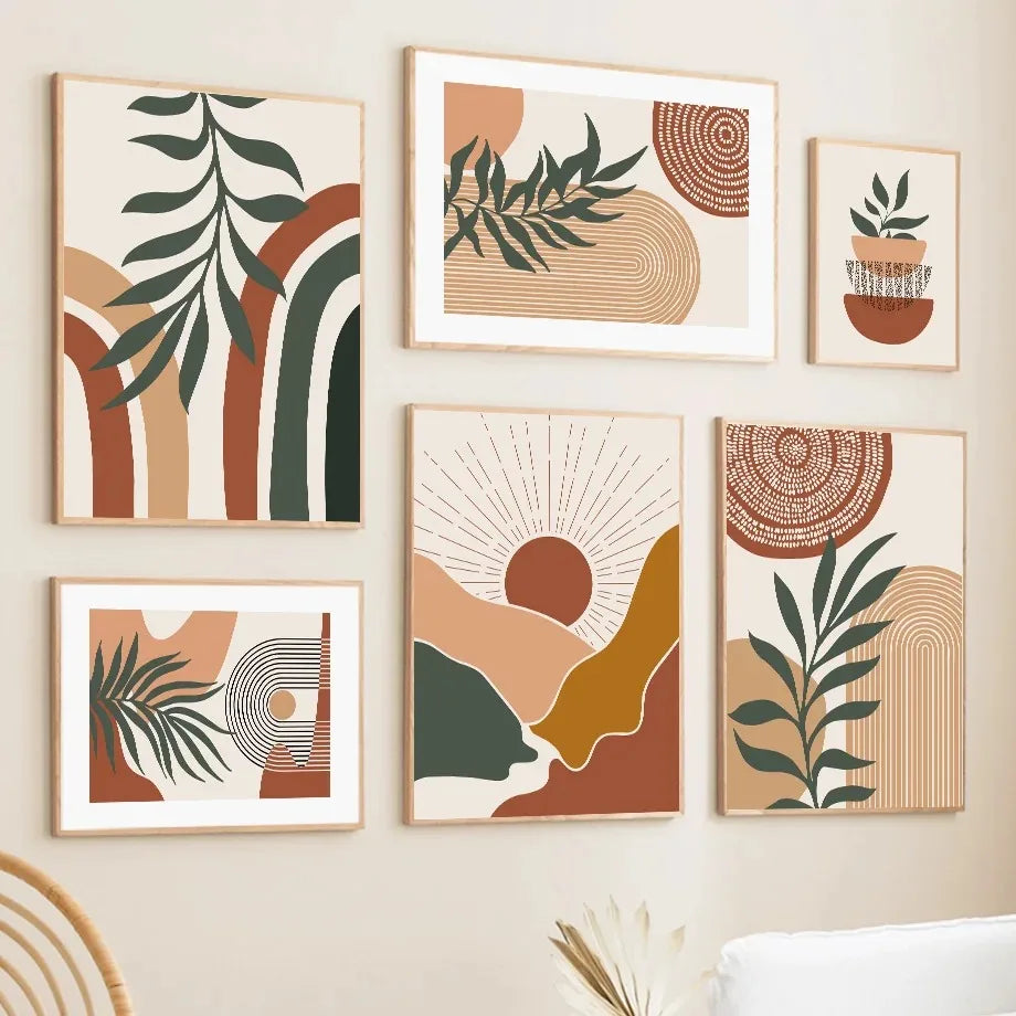 Set of six abstract art prints with nature-themed designs on a beige wall.